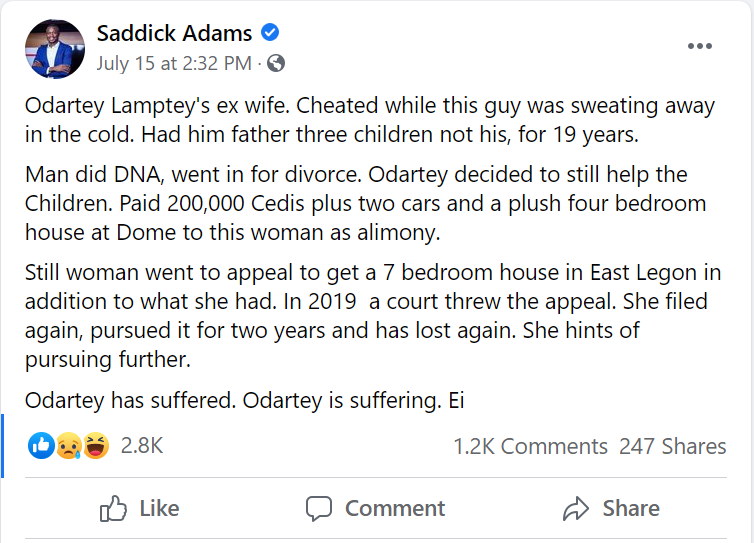 Saddick Adams' Facebook post