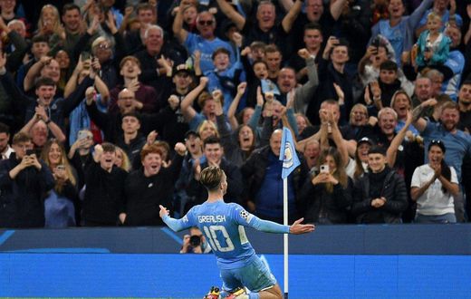 Manchester City's Jack Grealish celebrates scoring against Leipzig