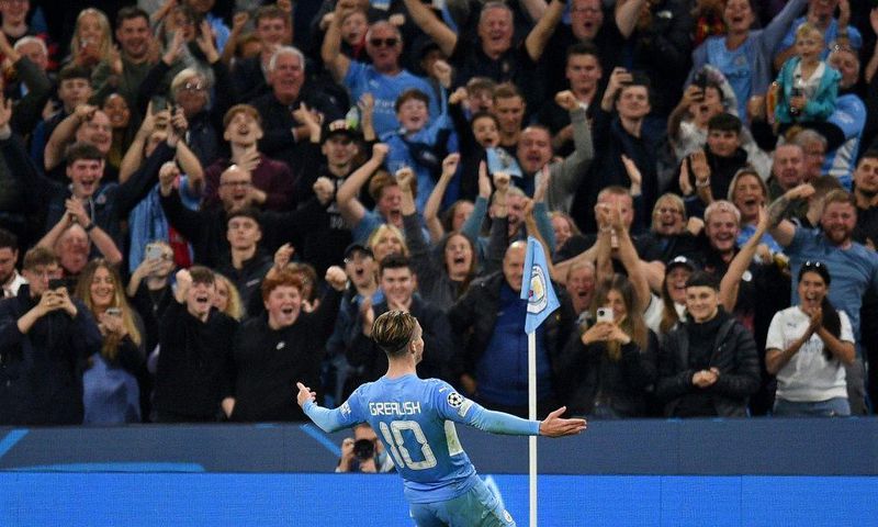 Manchester City's Jack Grealish celebrates scoring against Leipzig