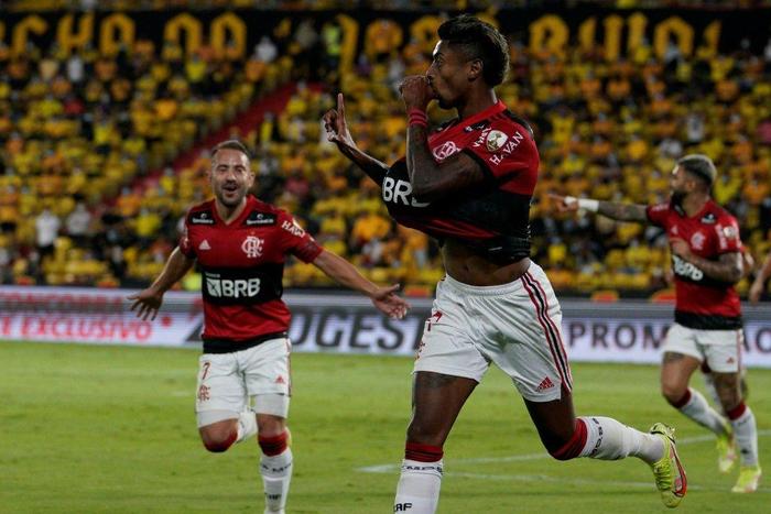 Flamengo striker Bruno Henrique celebrates after scoring against Ecuador's Barcelona to help fire the Brazilians into the Copa Libertadores final on Wednesday