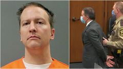 A composite image of Derek Chauvin in his mugshot and being placed in handcuffs after he was found guilty of murder in the death of George Floyd.
