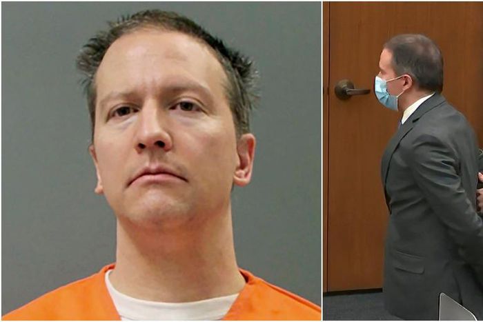 A composite image of Derek Chauvin in his mugshot and being placed in handcuffs after he was found guilty of murder in the death of George Floyd.