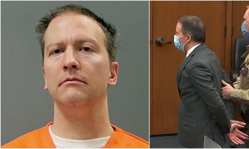 A composite image of Derek Chauvin in his mugshot and being placed in handcuffs after he was found guilty of murder in the death of George Floyd.