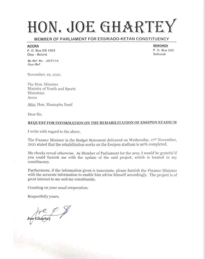 MP Joe Ghartey's letter