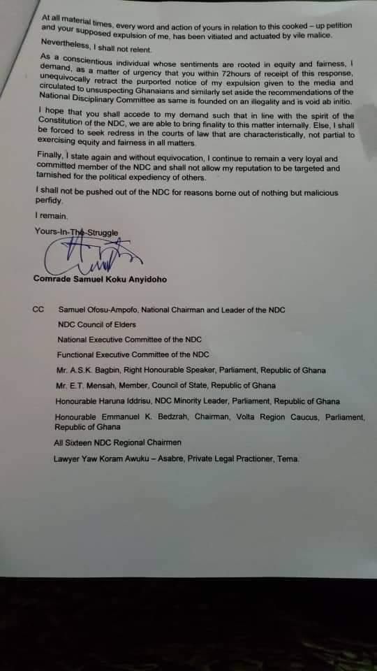 Koku's letter to the NDC