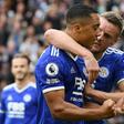Leicester's Youri Tielemans and Jamie Vardy (R) celebrate against Manchester United