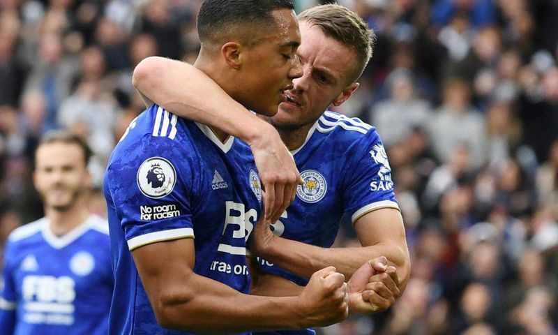 Leicester's Youri Tielemans and Jamie Vardy (R) celebrate against Manchester United