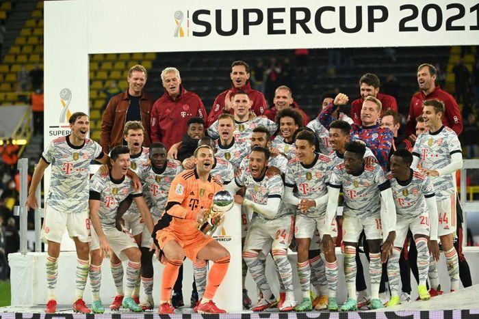 Julian Nagelsmann (back row, far left) celebrates winning the German Super Cup with Bayern Munich