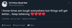 Prince David Osei's post on Twitter