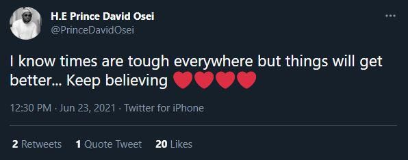 Prince David Osei's post on Twitter