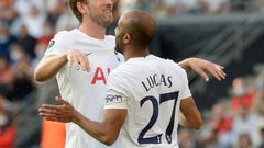 Harry Kane with Lucas Moura after Spurs took the lead in Rennes