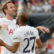 Harry Kane with Lucas Moura after Spurs took the lead in Rennes