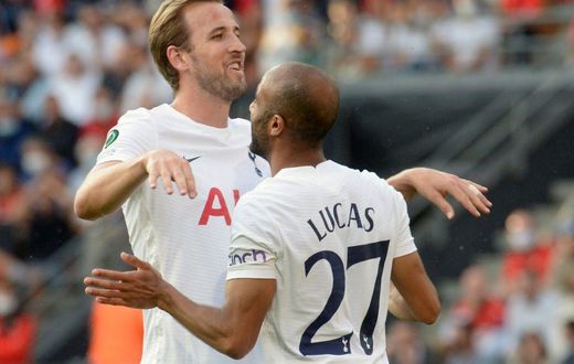 Harry Kane with Lucas Moura after Spurs took the lead in Rennes