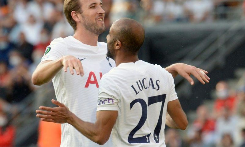 Harry Kane with Lucas Moura after Spurs took the lead in Rennes