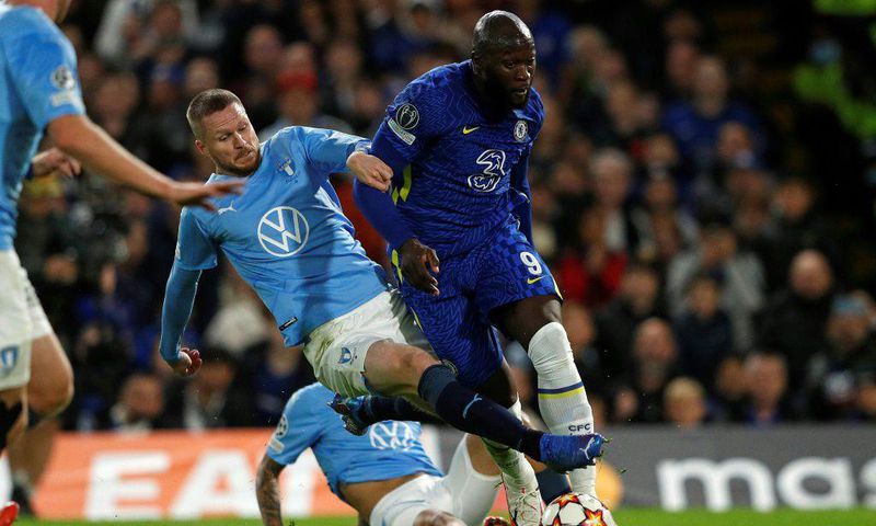 Malmo defender Lasse Nielsen fouls Chelsea striker Romelu Lukaku