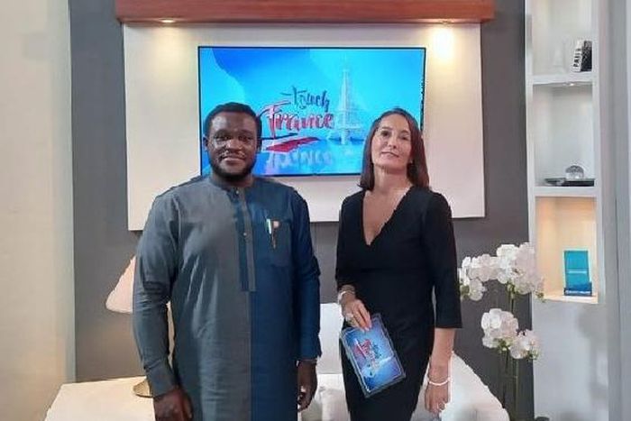 Sam George with French ambassador Anne Sophie Avé