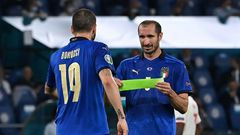 Giorgio Chiellini passed the Italian captain's armband to Leonardo Bonucci before going off against Switzerland.