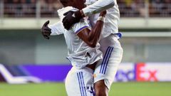 David Alaba celebrates with Eder Militao after scoring the opening goal