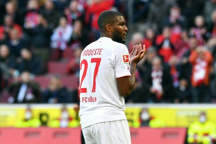 Cologne striker Anthony Modeste scored twice in Sunday's 2-2 draw at home to Bayer Leverkusen