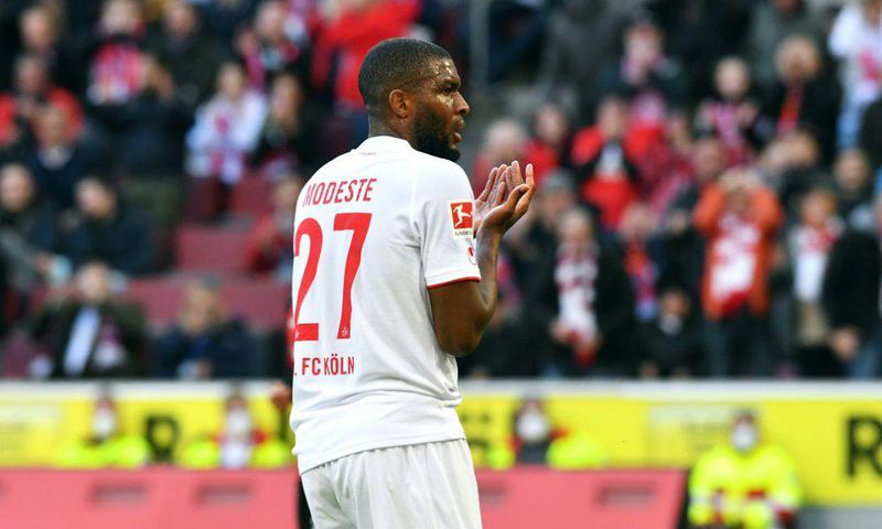 Cologne striker Anthony Modeste scored twice in Sunday's 2-2 draw at home to Bayer Leverkusen