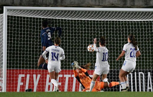 Marie-Antoinette Katoto (L) scores the opener for PSG against Real Madrid