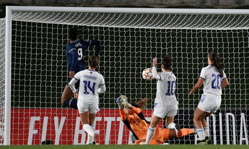 Marie-Antoinette Katoto (L) scores the opener for PSG against Real Madrid