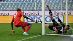 Slice of fortune: Sampdoria goalkeeper Emil Audero had fallen back over his Victor Osimhen's soft shot arrived