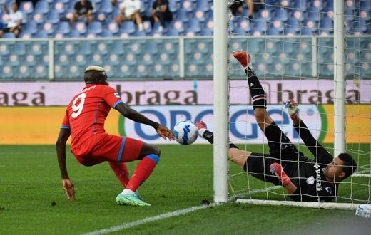Slice of fortune: Sampdoria goalkeeper Emil Audero had fallen back over his Victor Osimhen's soft shot arrived