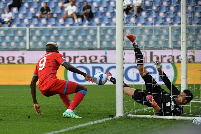 Slice of fortune: Sampdoria goalkeeper Emil Audero had fallen back over his Victor Osimhen's soft shot arrived