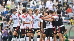 Urawa Reds Ladies' players celebrate their victory after the WE League football match against Tokyo Verdy Beleza in Tokyo on September 12, 2021.