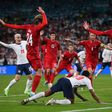 Raheem Sterling goes to ground for England's decisive penalty against Denmark