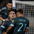 Argentina's Lautaro Martinez center) celebrates opening the scoring against Peru in a World Cup qualifier