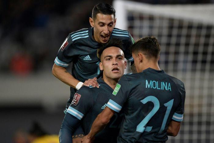 Argentina's Lautaro Martinez center) celebrates opening the scoring against Peru in a World Cup qualifier