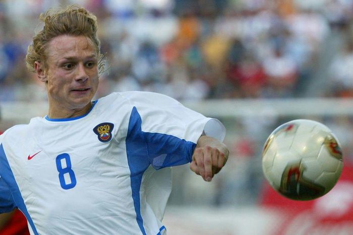 Valery Karpin playing for Russia against Tunisia in Kobe at 2002 World Cup in Kobe, Japan. He scored the second goal in a 2-0 victory