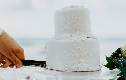 A couple cuts their wedding cake.