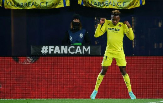 Nigerian midfielder Samuel Chukwueze celebrates scoring for Villarreal against Barcelona in La Liga at the weekend.