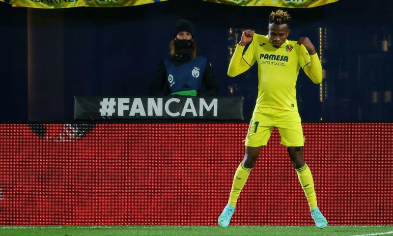 Nigerian midfielder Samuel Chukwueze celebrates scoring for Villarreal against Barcelona in La Liga at the weekend.