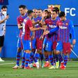 On target: Barcelona players celebrate their second goal during the Joan Gamper Trophy against Juventus at the Johan Cruyff Stadium