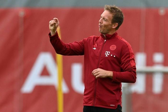 Bayern Munich head coach Julian Nagelsmann makes a point during training on Tuesday