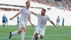 Aymeric Laporte (L) scored his first goal for Spain in the rout of Slovakia after switching his international allegiance from France