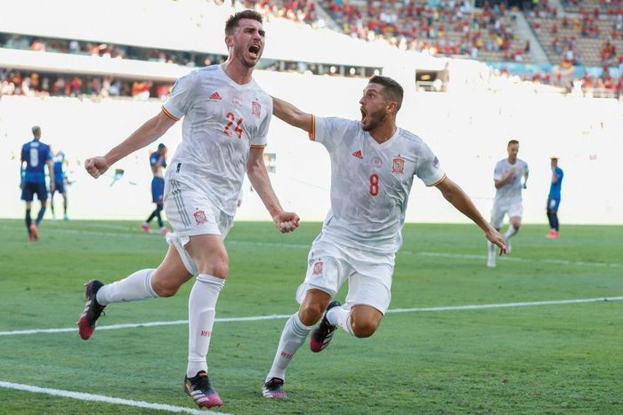 Aymeric Laporte (L) scored his first goal for Spain in the rout of Slovakia after switching his international allegiance from France