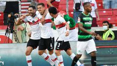 Stuttgart goalscorers (from left) Hamadi Al Ghaddioui, Marc-Oliver Kempf and Wataru Endo celebrate the 5-0 thrashing of Greuther Fuerth on Saturday