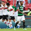 Stuttgart goalscorers (from left) Hamadi Al Ghaddioui, Marc-Oliver Kempf and Wataru Endo celebrate the 5-0 thrashing of Greuther Fuerth on Saturday