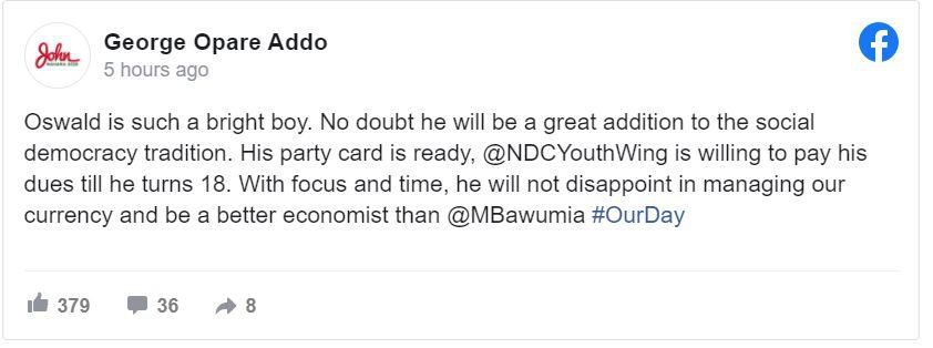 “His party card is ready” – NDC offers party card to Oswald, the "Our Day" boy