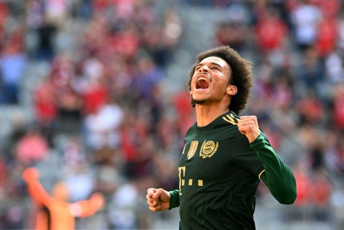 Bayern Munich winger Leroy Sane celebrates scoring the opening goal on Saturday