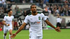 Moenchengladbach forward Alassane Plea celebrates scoring the opening goal on Friday against Bayern Munich