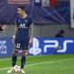 PSG coach Mauricio Pochettino with Angel di Maria during Wednesday's Champions League game against Leipzig