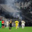 Play was interrupted late in the first half of the Europa League game between Marseille and Galatasaray