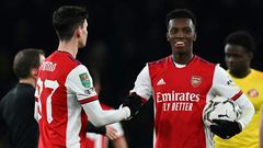 Eddie Nketiah (right) scored a hat-trick as Arsenal beat Sunderland 5-1