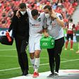Moenchengladbach defender Stefan Lainer (C) suffered a broken leg in the defeat at Bayer Leverkusen